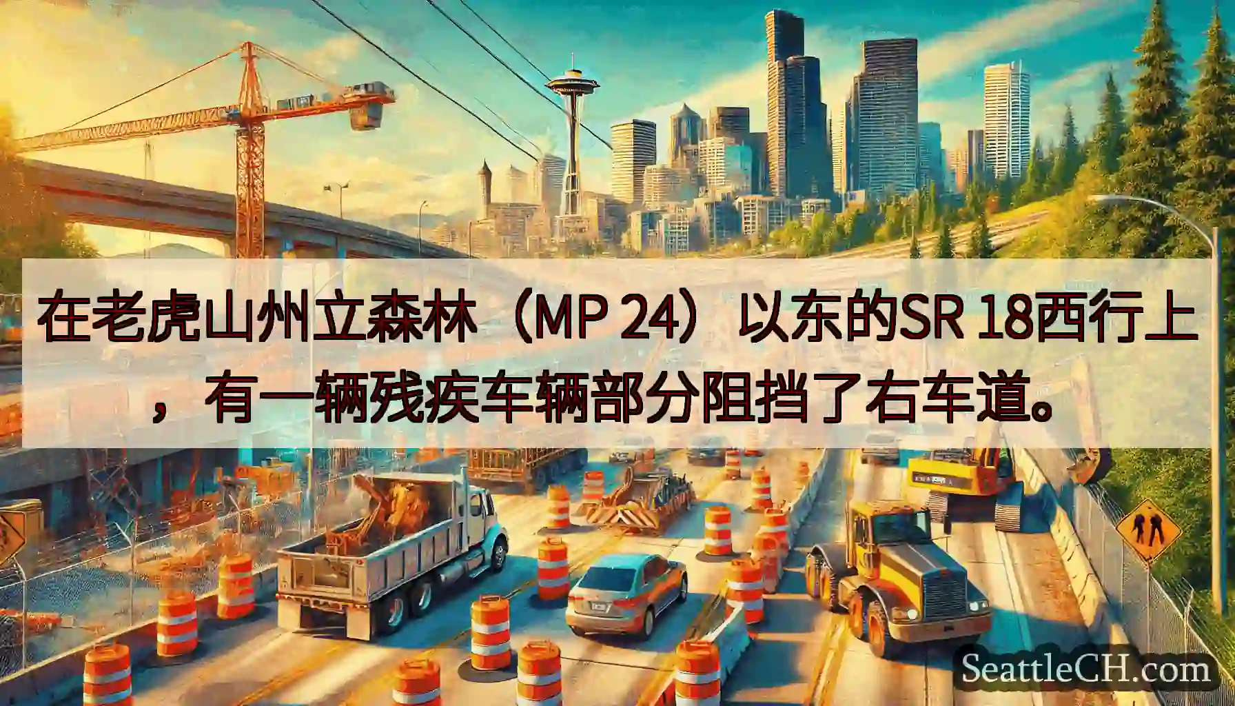 在老虎山州立森林（MP 24）以东的SR 18西行上，有一辆残疾车辆部分阻挡了右车道。