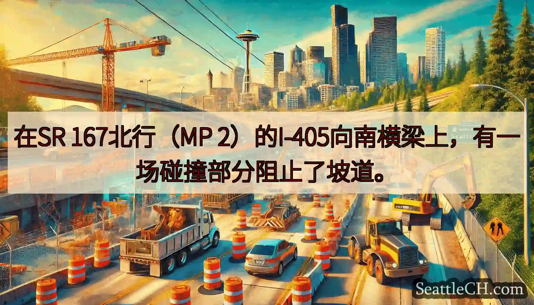 在SR 167北行（MP 2）的I-405向南横梁上，有一场碰撞部分阻止了坡道。
