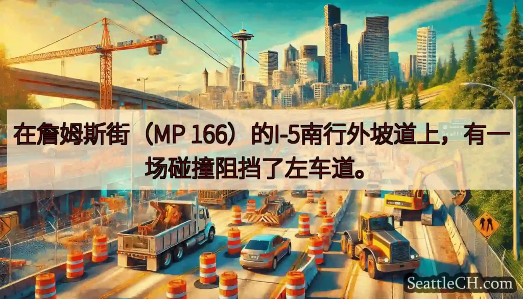 在詹姆斯街（MP 166）的I-5南行外坡道上，有一场碰撞阻挡了左车道。