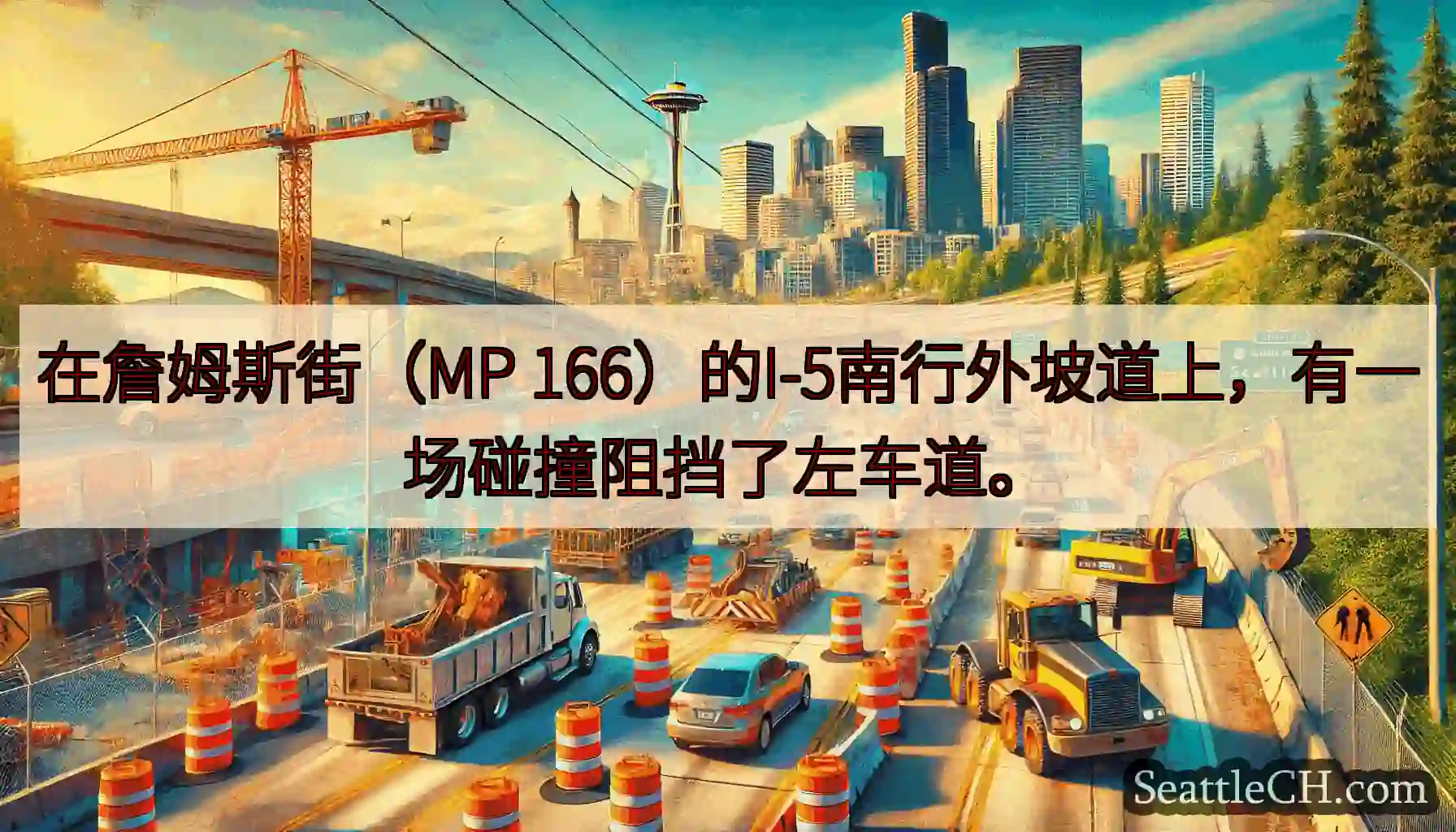 在詹姆斯街（MP 166）的I-5南行外坡道上，有一场碰撞阻挡了左车道。