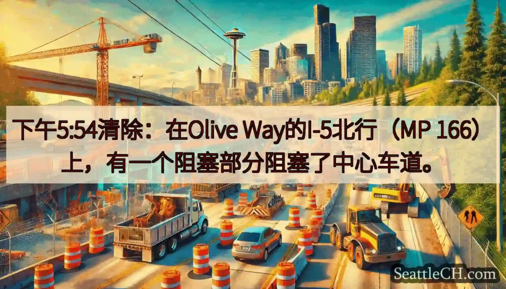 下午5:54清除：在Olive Way的I-5北行（MP 166）上，有一个阻塞部分阻塞了中心车道。