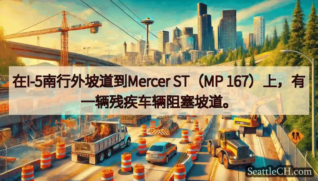 在I-5南行外坡道到Mercer ST（MP 167）上，有一辆残疾车辆阻塞坡道。
