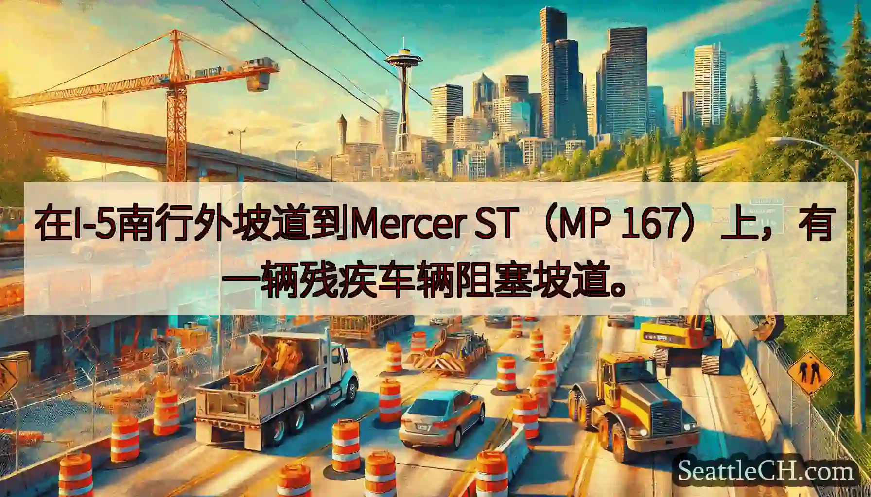 在I-5南行外坡道到Mercer ST（MP 167）上，有一辆残疾车辆阻塞坡道。