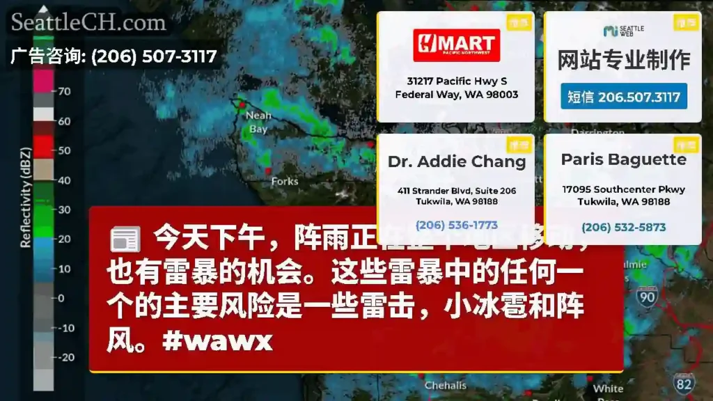 今天下午，阵雨正在整个地区移动，也有雷暴的机会。这些雷暴中的任何一个的主要风险是一些雷击，小冰雹和阵