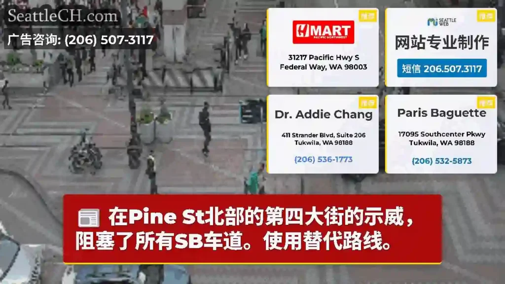 在Pine St北部的第四大街的示威，阻塞了所有SB车道。使用替代路线。