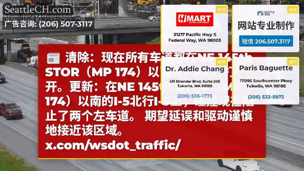 清除：现在所有车道都在NE 145th STOR（MP 174）以南的I-5北行打开。更新：在NE
