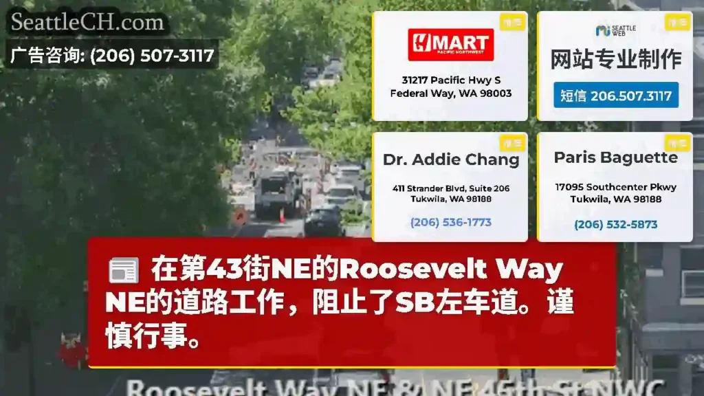 在第43街NE的Roosevelt Way NE的道路工作，阻止了SB左车道。谨慎行事。