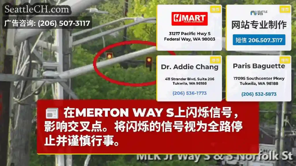 在MERTON WAY S上闪烁信号，影响交叉点。将闪烁的信号视为全路停止并谨慎行事。