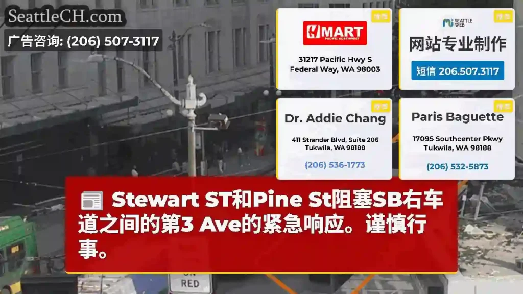 Stewart ST和Pine St阻塞SB右车道之间的第3 Ave的紧急响应。谨慎行事。