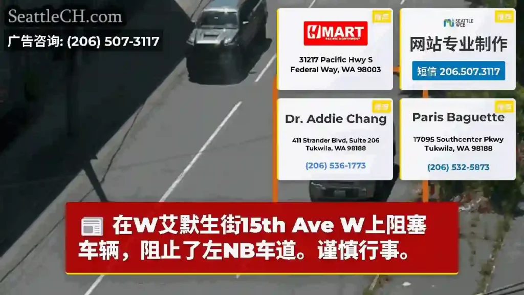 在W艾默生街15th Ave W上阻塞车辆，阻止了左NB车道。谨慎行事。