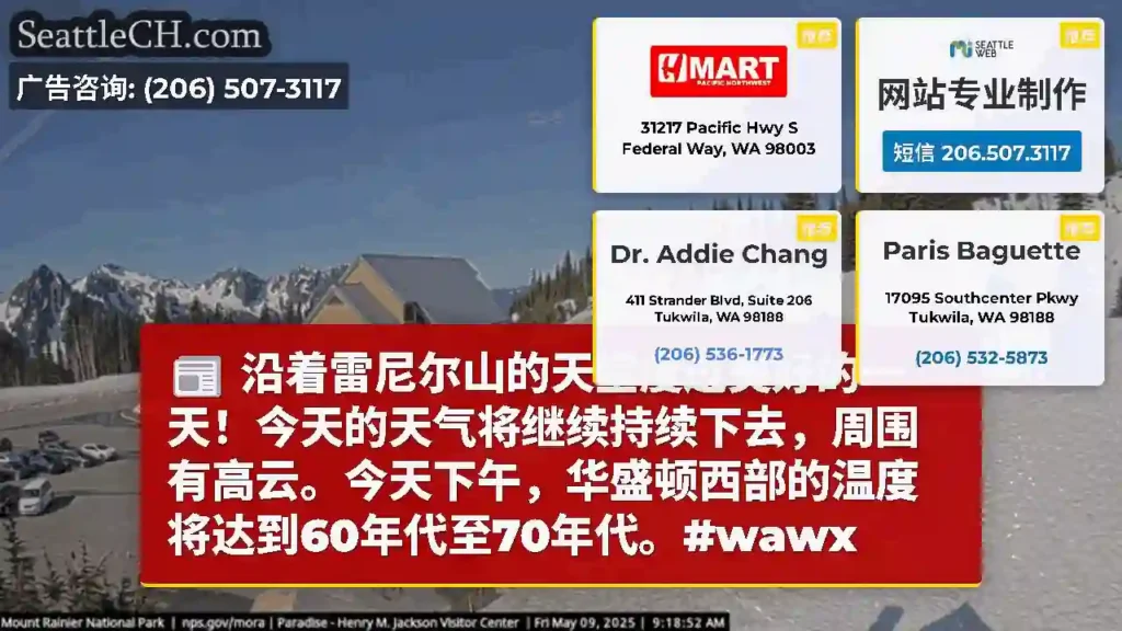 沿着雷尼尔山的天堂度过美好的一天！今天的天气将继续持续下去，周围有高云。今天下午，华盛顿西部的温度将