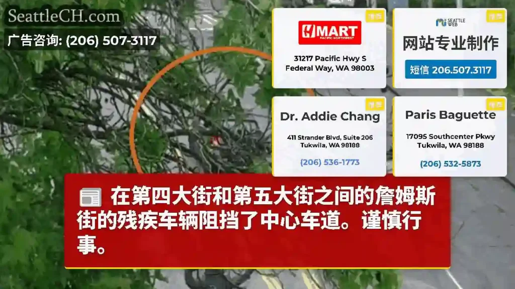 在第四大街和第五大街之间的詹姆斯街的残疾车辆阻挡了中心车道。谨慎行事。