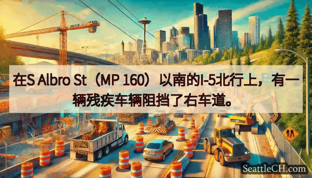 在S Albro St（MP 160）以南的I-5北行上，有一辆残疾车辆阻挡了右车道。