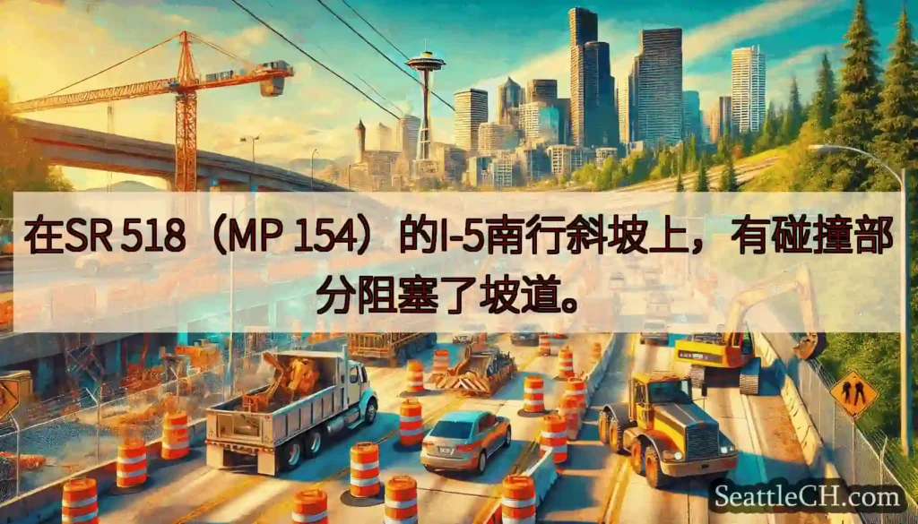 在SR 518（MP 154）的I-5南行斜坡上，有碰撞部分阻塞了坡道。