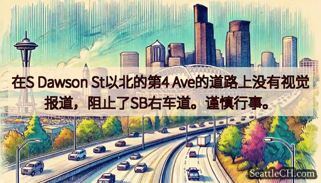 在S Dawson St以北的第4 Ave的道路上没有视觉报道，阻止了SB右车道。谨慎行事。
