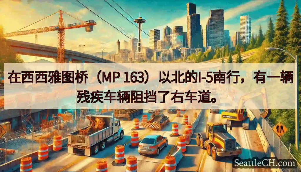 在西西雅图桥（MP 163）以北的I-5南行，有一辆残疾车辆阻挡了右车道。