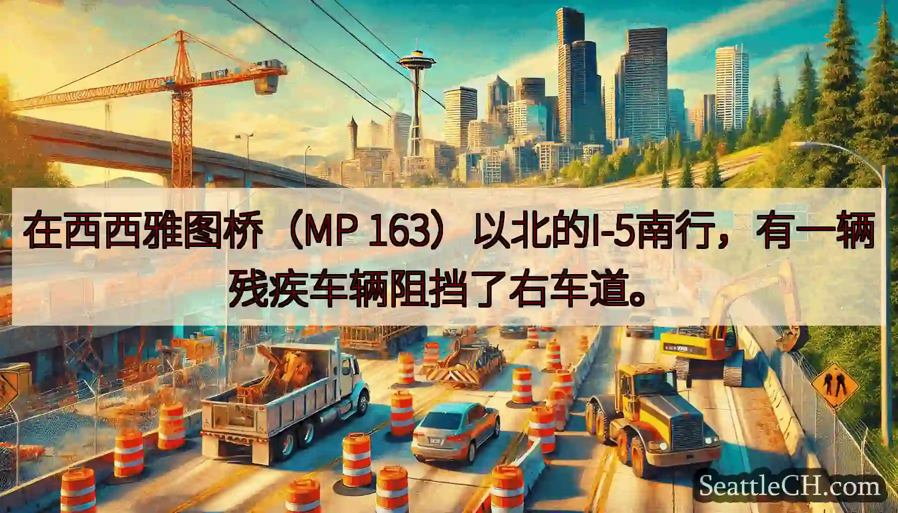 在西西雅图桥（MP 163）以北的I-5南行，有一辆残疾车辆阻挡了右车道。