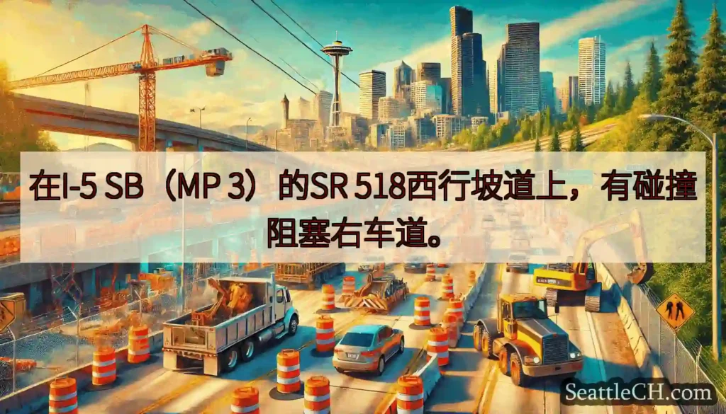 在I-5 SB（MP 3）的SR 518西行坡道上，有碰撞阻塞右车道。