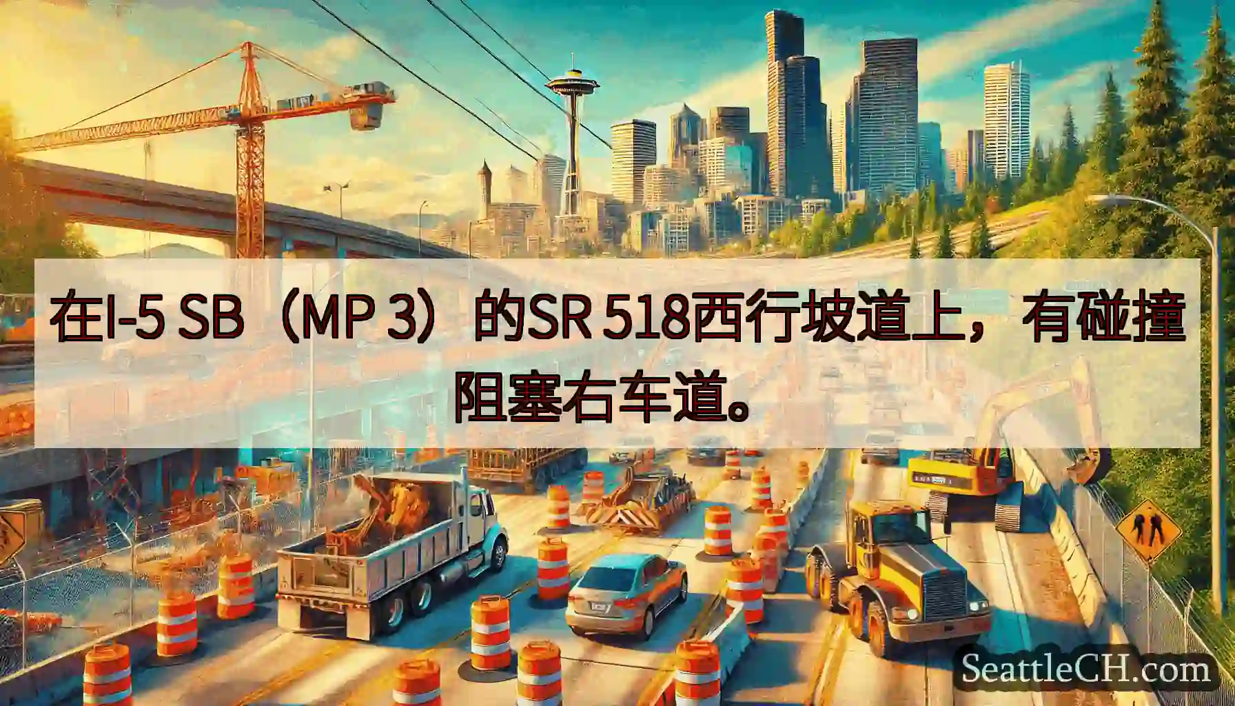 在I-5 SB（MP 3）的SR 518西行坡道上，有碰撞阻塞右车道。