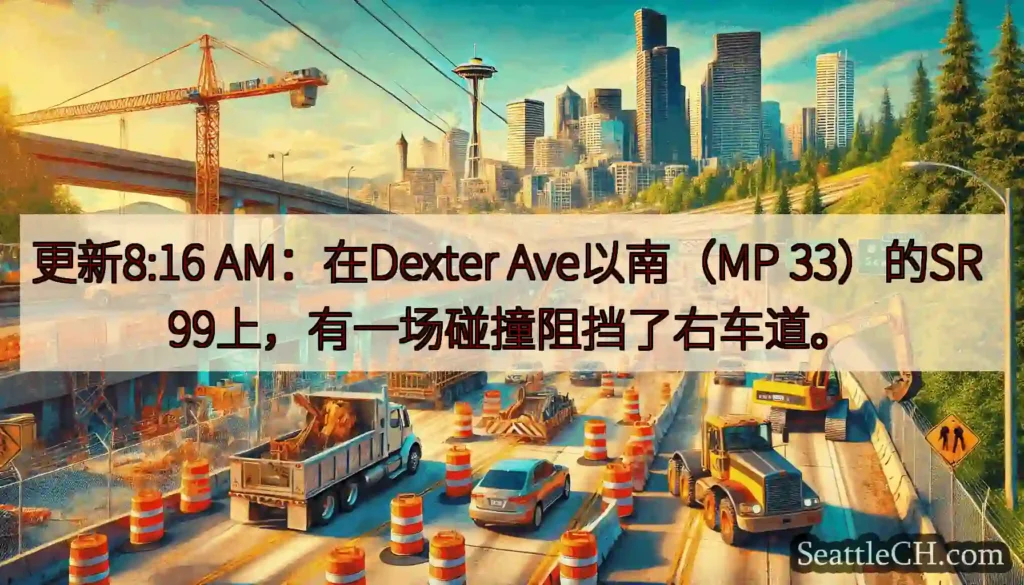 更新8:16 AM：在Dexter Ave以南（MP 33）的SR 99上，有一场碰撞阻挡了右车道。