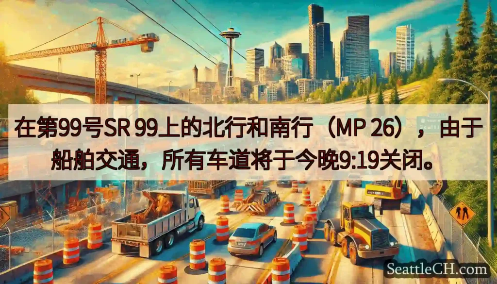 在第99号SR 99上的北行和南行（MP 26），由于船舶交通，所有车道将于今晚9:19关闭。