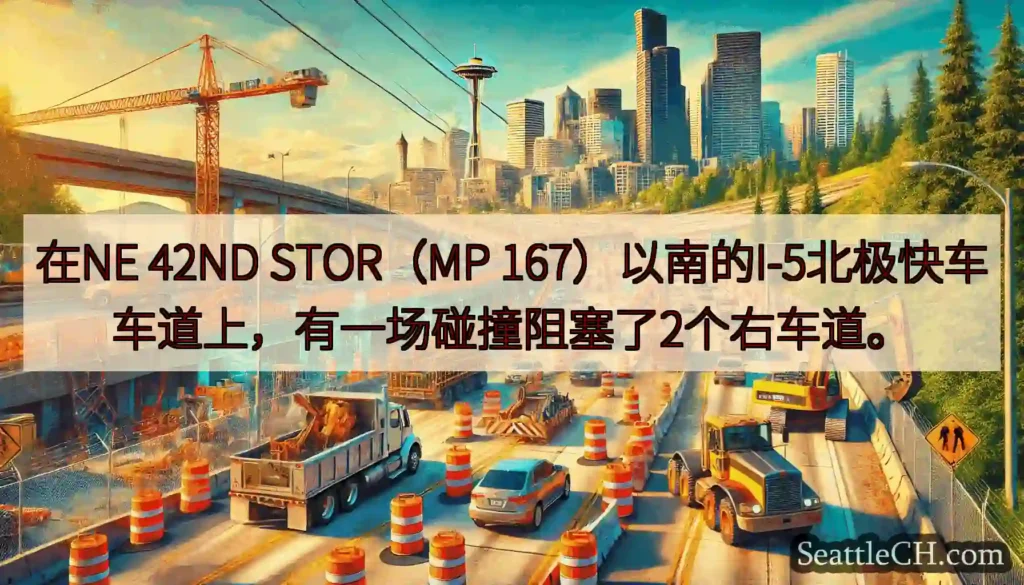 在NE 42ND STOR（MP 167）以南的I-5北极快车车道上，有一场碰撞阻塞了2个右车道。