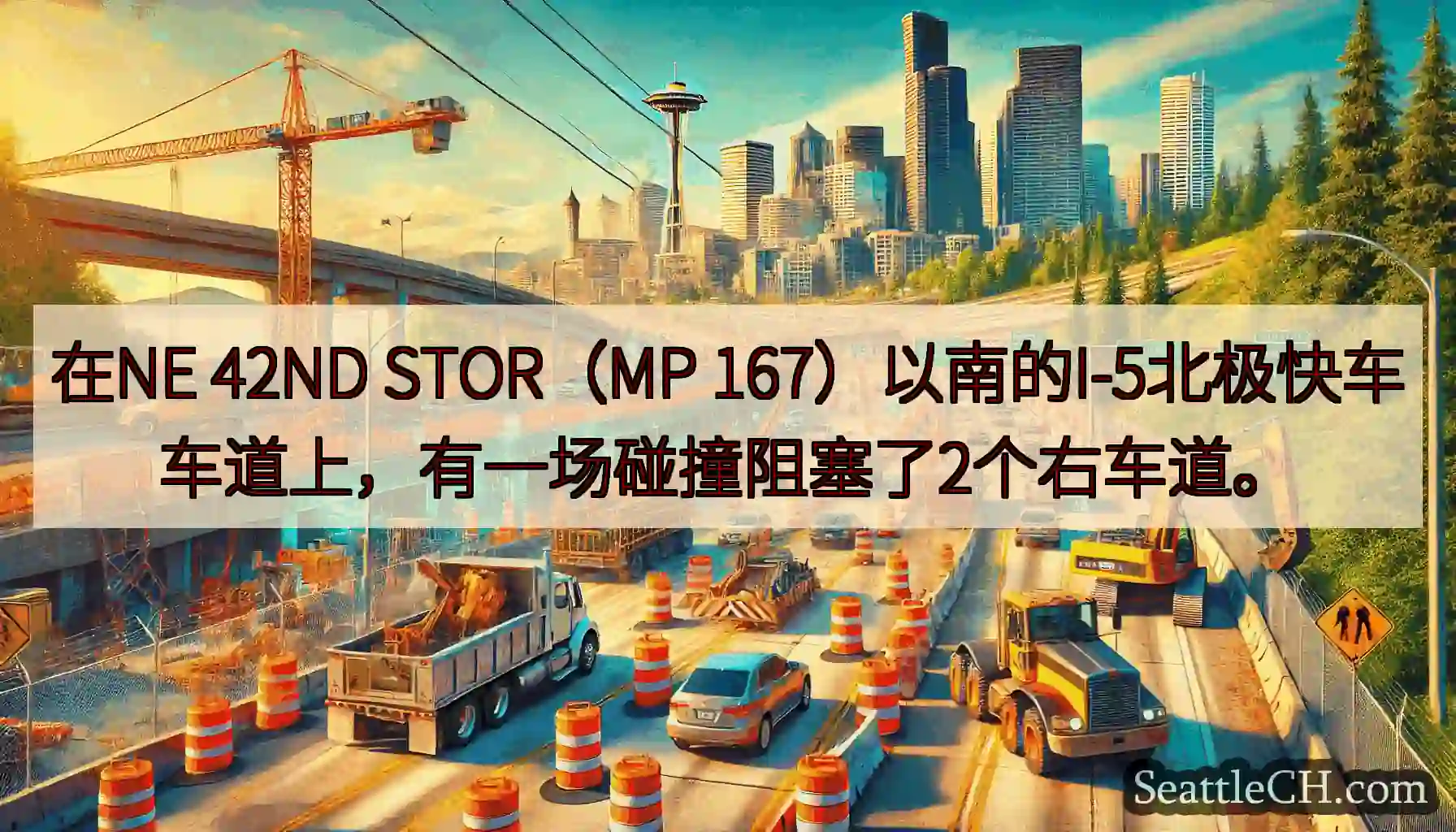 在NE 42ND STOR（MP 167）以南的I-5北极快车车道上，有一场碰撞阻塞了2个右车道。