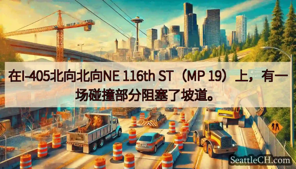 在I-405北向北向NE 116th ST（MP 19）上，有一场碰撞部分阻塞了坡道。