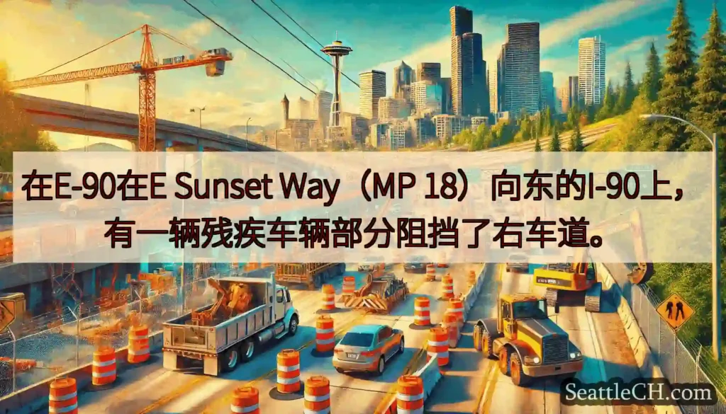 在E-90在E Sunset Way（MP 18）向东的I-90上，有一辆残疾车辆部分阻挡了右车道。