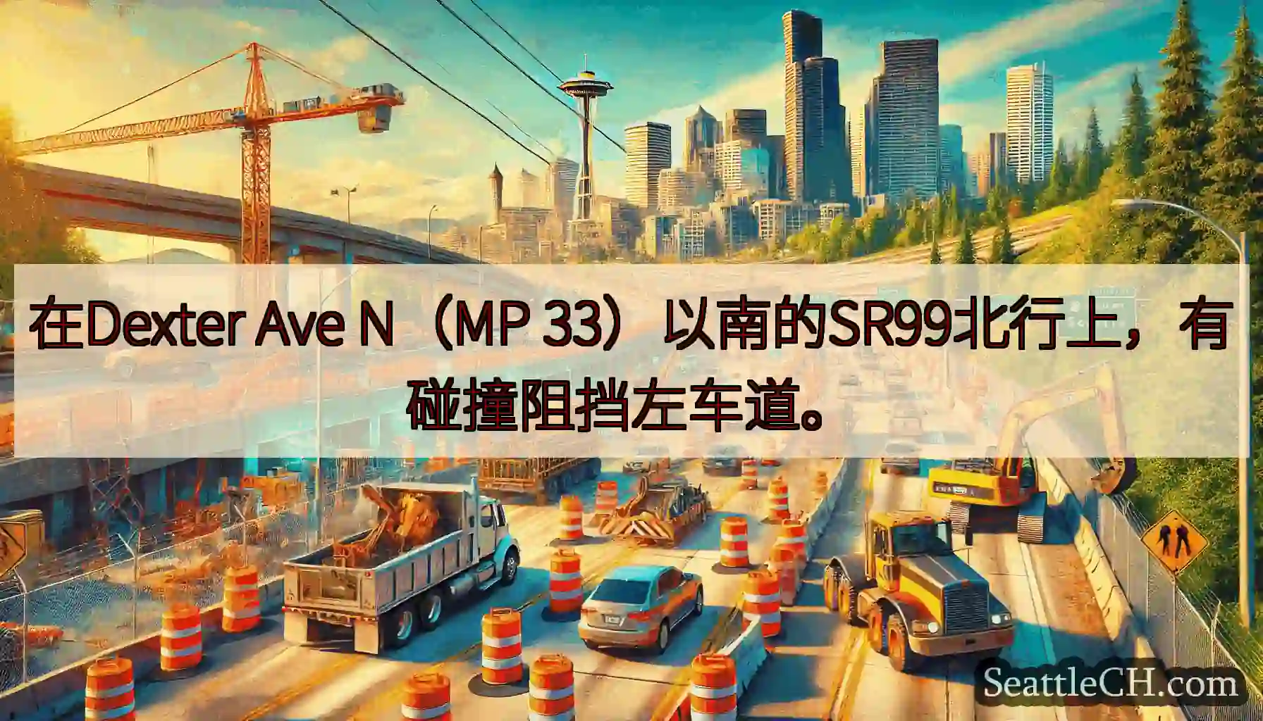 在Dexter Ave N（MP 33）以南的SR99北行上，有碰撞阻挡左车道。