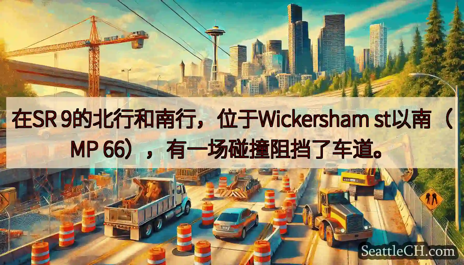 在SR 9的北行和南行，位于Wickersham st以南（MP 66），有一场碰撞阻挡了车道。
