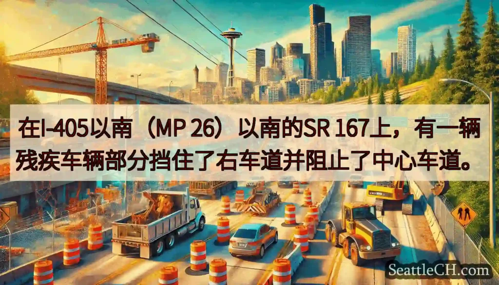 在I-405以南（MP 26）以南的SR 167上，有一辆残疾车辆部分挡住了右车道并阻止了中心车道。