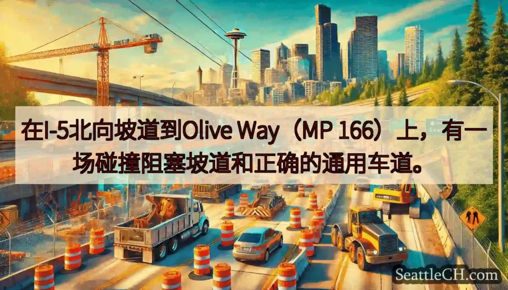 在I-5北向坡道到Olive Way（MP 166）上，有一场碰撞阻塞坡道和正确的通用车道。