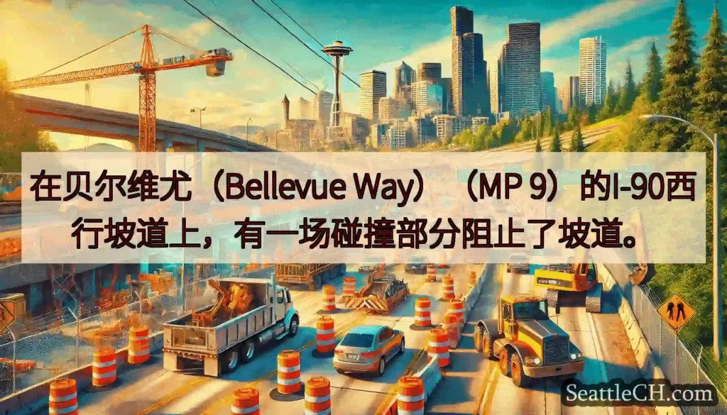 在贝尔维尤（Bellevue Way）（MP 9）的I-90西行坡道上，有一场碰撞部分阻止了坡道。