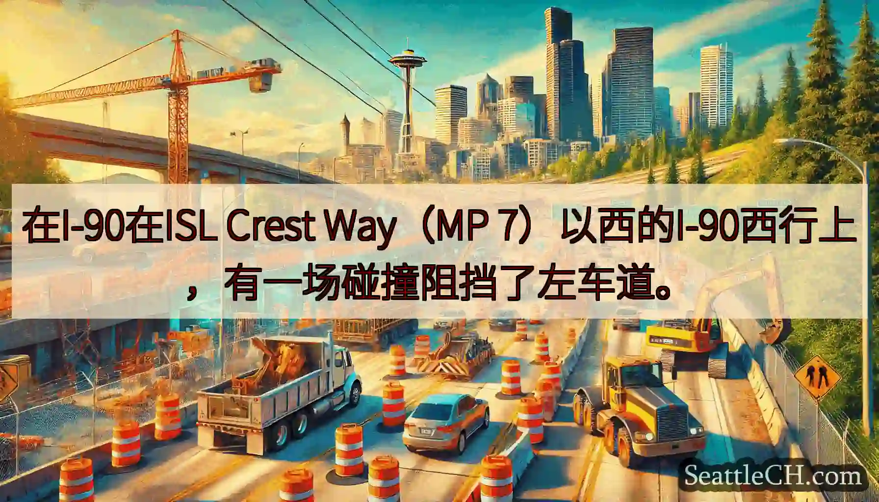 在I-90在ISL Crest Way（MP 7）以西的I-90西行上，有一场碰撞阻挡了左车道。