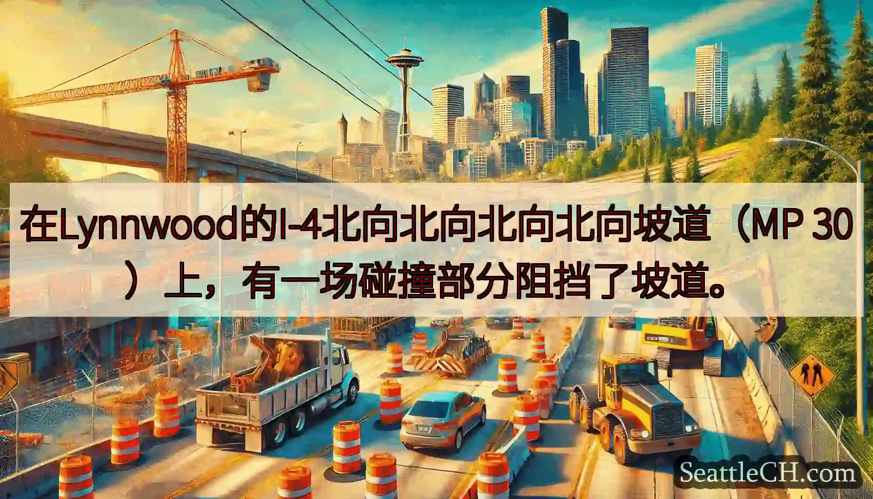在Lynnwood的I-4北向北向北向北向坡道（MP 30）上，有一场碰撞部分阻挡了坡道。