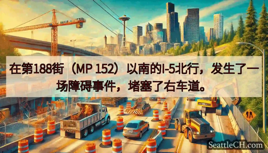 在第188街（MP 152）以南的I-5北行，发生了一场障碍事件，堵塞了右车道。