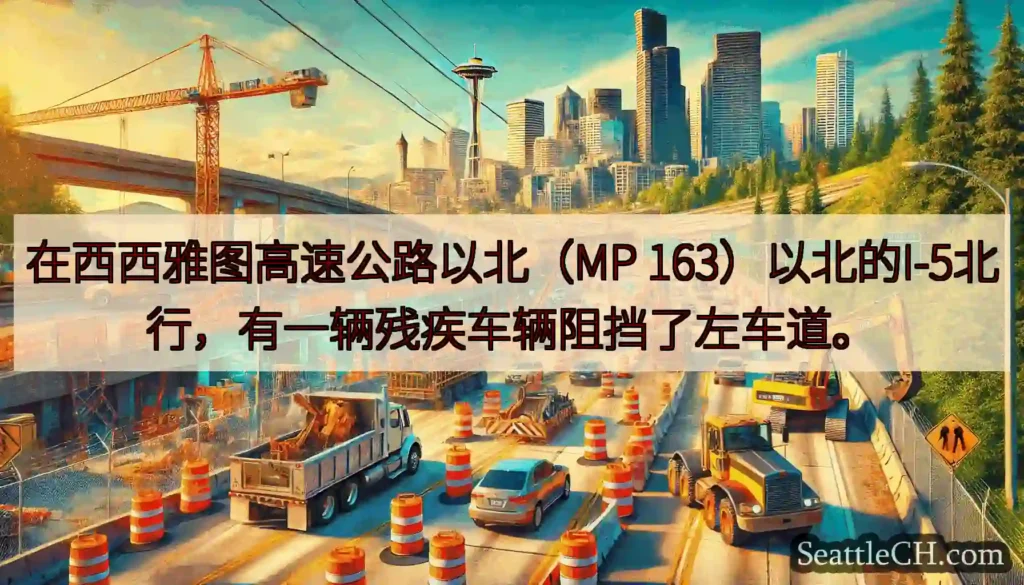 在西西雅图高速公路以北（MP 163）以北的I-5北行，有一辆残疾车辆阻挡了左车道。
