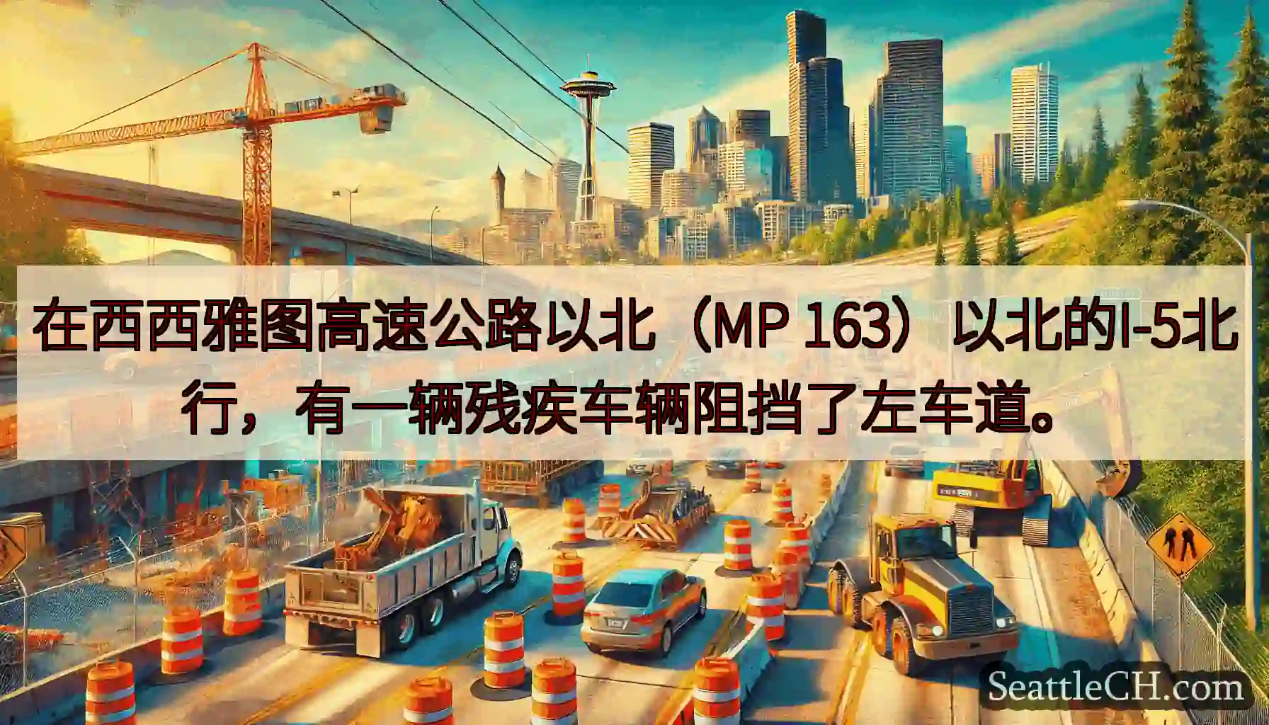 在西西雅图高速公路以北（MP 163）以北的I-5北行，有一辆残疾车辆阻挡了左车道。