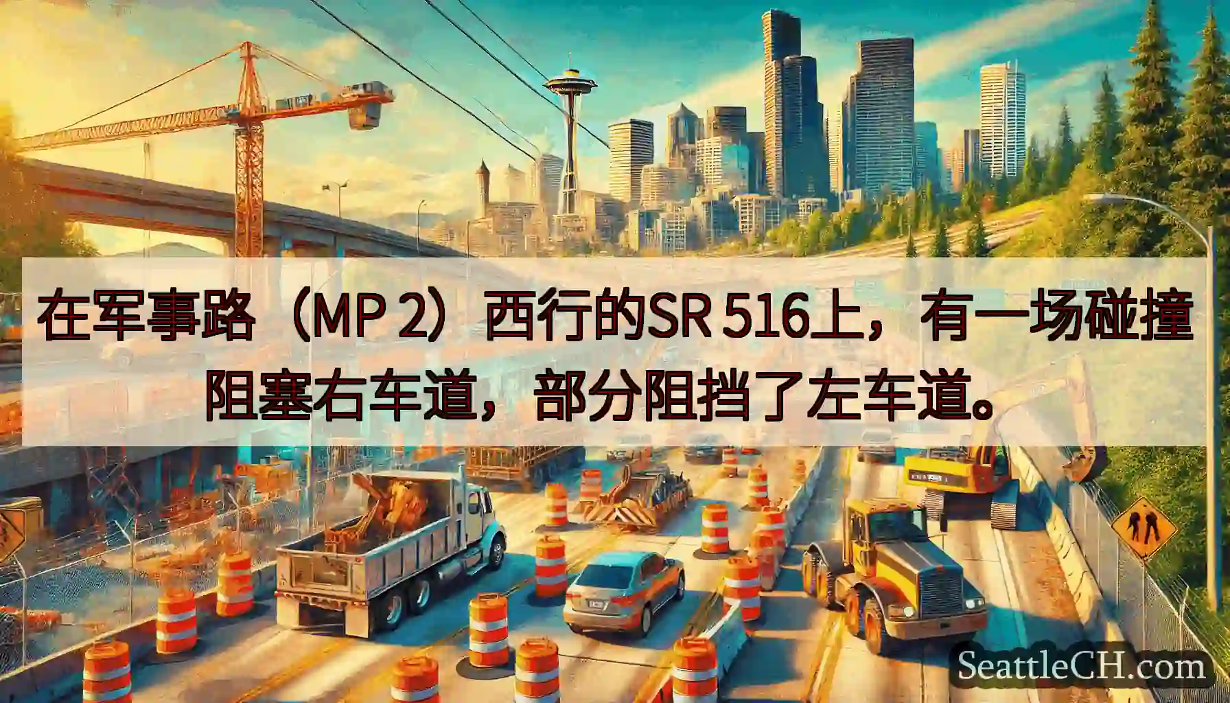 在军事路（MP 2）西行的SR 516上，有一场碰撞阻塞右车道，部分阻挡了左车道。