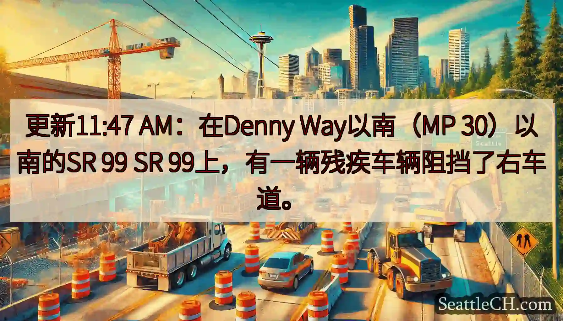 更新11:47 AM：在Denny Way以南（MP 30）以南的SR 99 SR