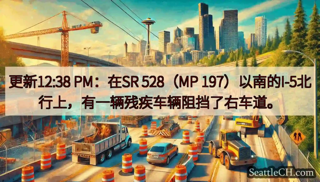 更新12:38 PM：在SR 528（MP 197）以南的I-5北行上，有一辆残疾车辆阻挡了右车道。