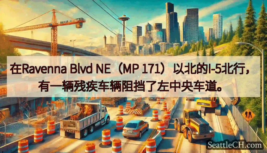 在Ravenna Blvd NE（MP 171）以北的I-5北行，有一辆残疾车辆阻挡了左中央车道。