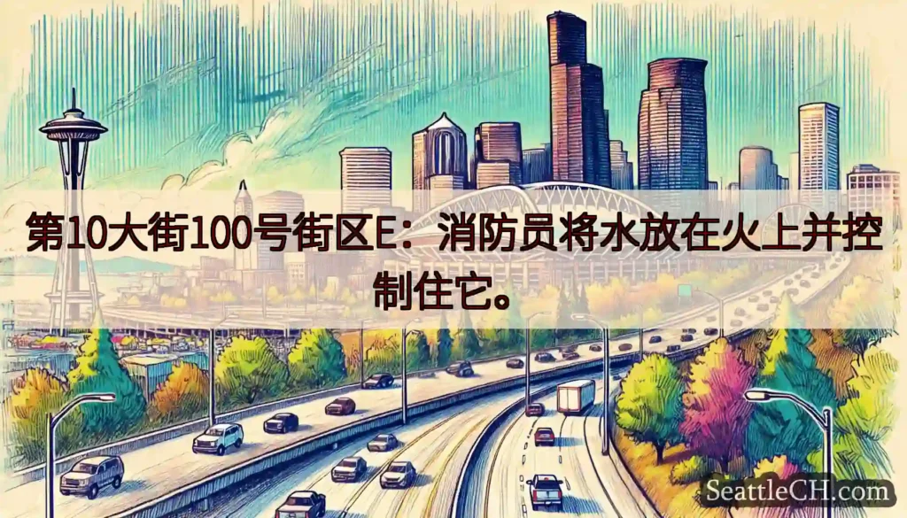 第10大街100号街区E：消防员将水放在火上并控制住它。