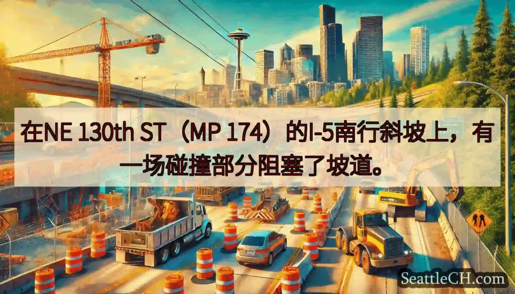 在NE 130th ST（MP 174）的I-5南行斜坡上，有一场碰撞部分阻塞了坡道。