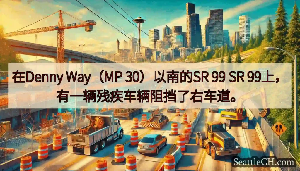 在Denny Way（MP 30）以南的SR 99 SR 99上，有一辆残疾车辆阻挡了右车道。