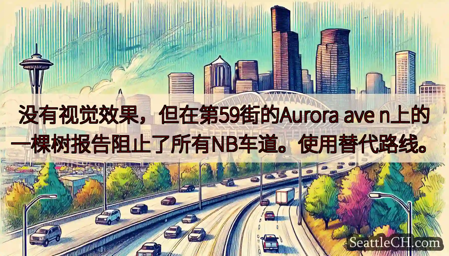 没有视觉效果，但在第59街的Aurora ave n上的一棵树报告阻止了所有NB车道。使用替代路线。
