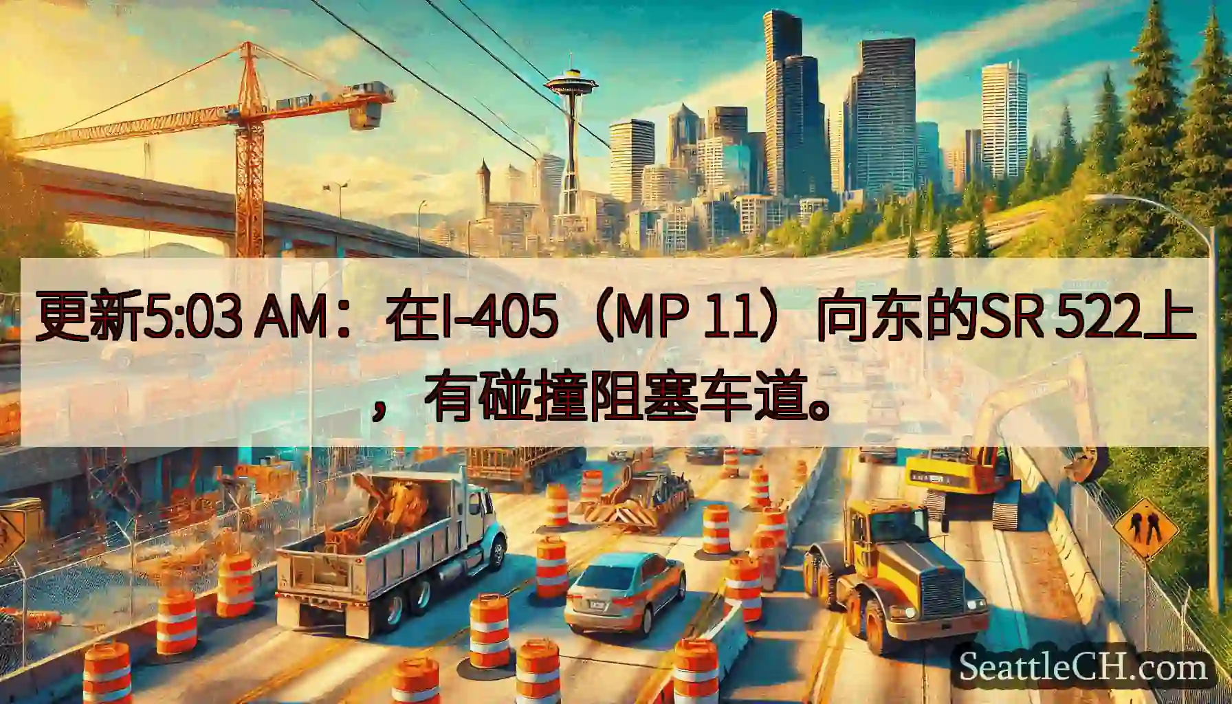 更新5:03 AM：在I-405（MP 11）向东的SR 522上，有碰撞阻塞车道。