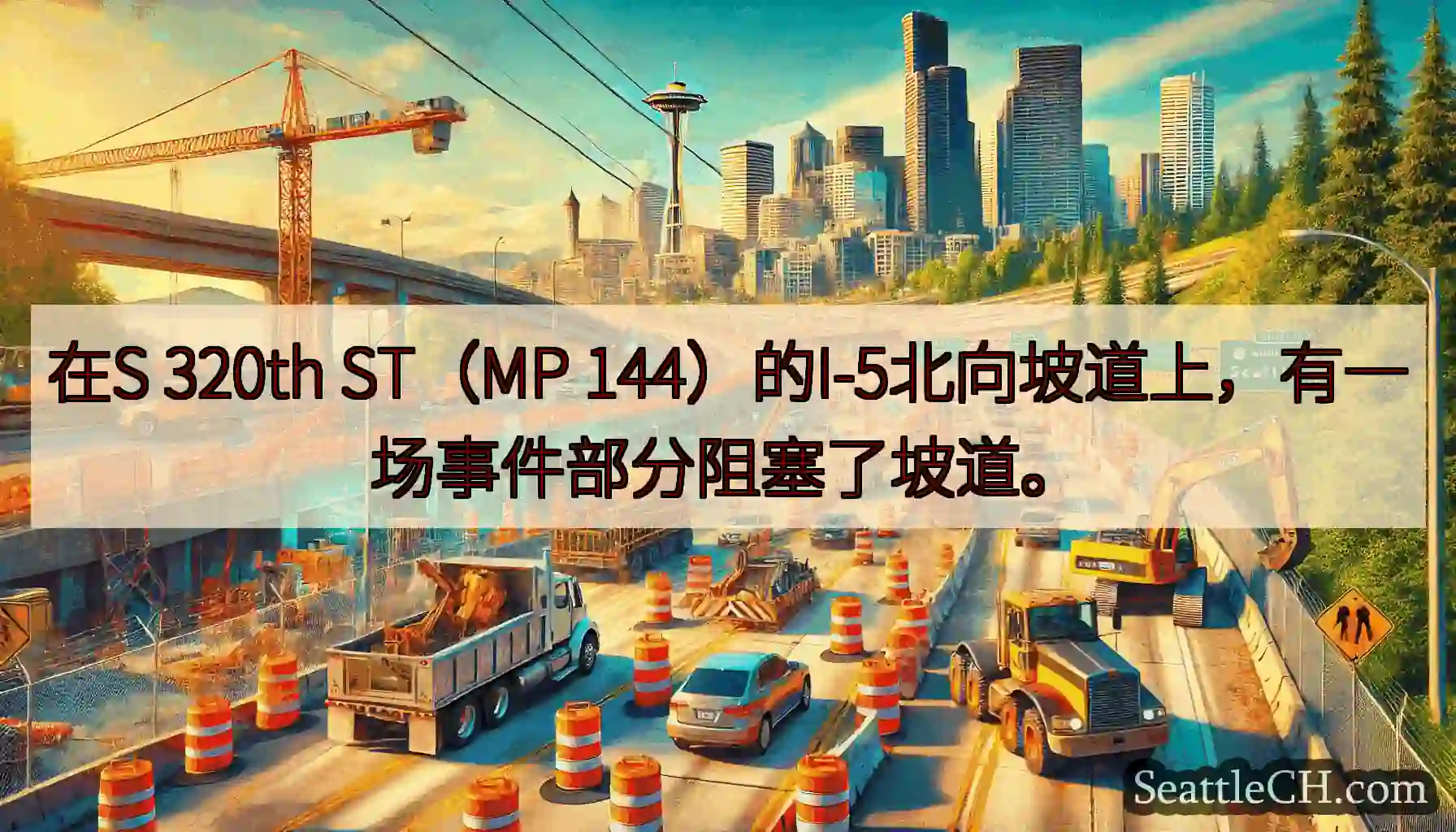 在S 320th ST（MP 144）的I-5北向坡道上，有一场事件部分阻塞了坡道。