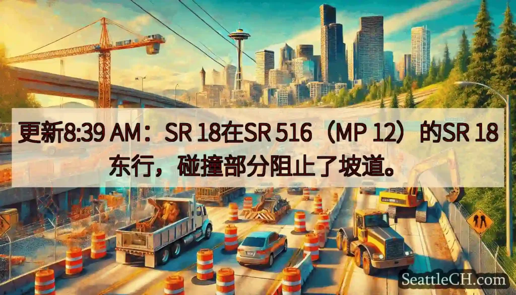 更新8:39 AM：SR 18在SR 516（MP 12）的SR 18东行，碰撞部分阻止了坡道。